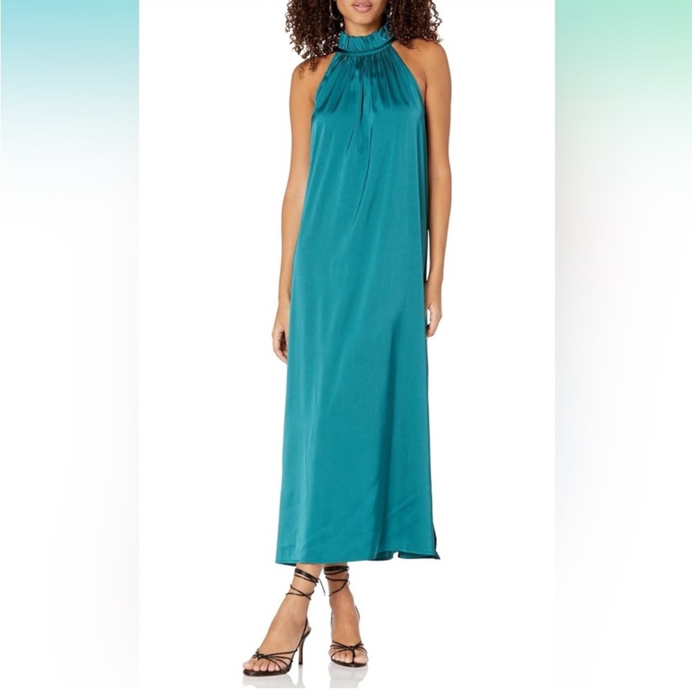 NWT The Drop Teal Green Satin Halter Ruffle Sexy Formal Evening Maxi Dress Gown